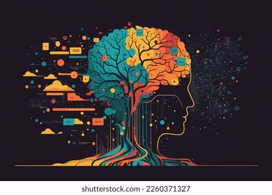  2D flat illustration, AI, analysis, AI, automation, big data, brain, business, cg, cloud computing, communication, computer graphics, concept, creative, cyber, Trendy vector style ,Flat 