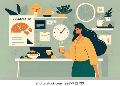2D flat illustration, A businesswoman's daily lifestyle is depicted for physical and mental well-being. Self-care and hygiene habits are important for optimal health ,Flat vector illustration