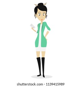 2D flat illustration. character of a young business woman in an office suit with mobile phones. 
Character is ready for animation, presentation and training videos, banners, posters, flyers. Vector
