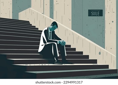  2D flat illustration, Depressed and tired businessman sitting at stair in city , Trendy vector style ,Flat vector illustration