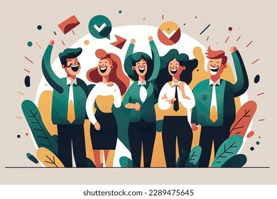 2D flat illustration, happy business group , a group that finds joy in working together to achieve common goals, build strong relationships, and create a positive work culture, flat design