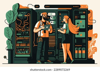 2d flache Illustration, Male IT Specialist hält Laptop und spricht mit weiblichen Servertechnikern über Arbeit. Sie befinden sich im Rechenzentrum und das Rack-Servergehäuse ist offen, flaches Design 