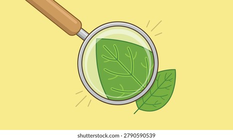 A 2D flat illustration shows a magnifying glass focusing on a green leaf, highlighting its veins. Another leaf is visible nearby.