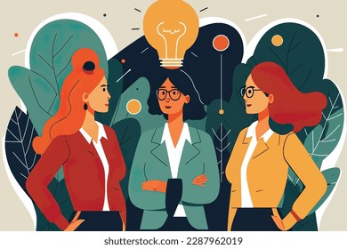 2D flat illustration,A group of successful businesswomen who share ideas and consult with one another, flat design