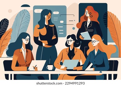 2D flat illustration,A group of successful businesswomen who share ideas and consult with one another, flat design