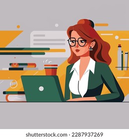 2D flat illustration,A joyful businesswoman wearing glasses works at an office. A young and gorgeous female employee is working on a new laptop. Trendy vector style ,Flat vector illustration