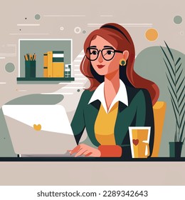 2D flat illustration,A joyful businesswoman wearing glasses works at an office. A young and gorgeous female employee is working on a new laptop. Trendy vector style ,Flat vector illustration