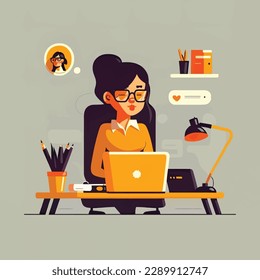 2D flat illustration,A joyful businesswoman wearing glasses works at an office. A young and gorgeous female employee is working on a new laptop. Trendy vector style ,Flat vector illustration