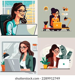 2D flat illustration,A joyful businesswoman wearing glasses works at an office. A young and gorgeous female employee is working on a new laptop. Trendy vector style ,Flat vector illustration