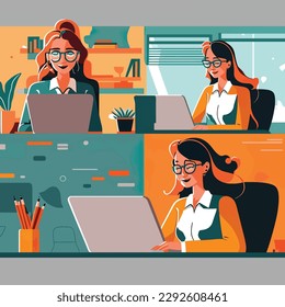 2D flat illustration,A joyful businesswoman wearing glasses works at an office. A young and gorgeous female employee is working on a new laptop. Trendy vector style ,Flat vector illustration