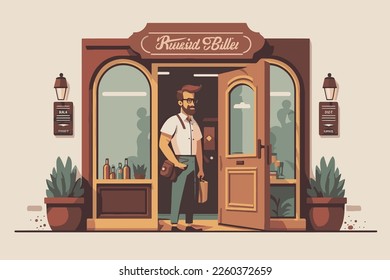  2D flat illustration,A young businessman stands in front of a coffee shop. Leisure Lifestyle Illustration , Trendy vector style ,Flat vector illustration.