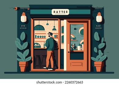  2D flat illustration,A young businessman stands in front of a coffee shop. Leisure Lifestyle Illustration , Trendy vector style ,Flat vector illustration.