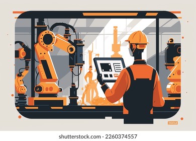  2D flat illustration,In intelligent on monitoring, an industrial engineer manager uses a tablet to control an automation robot arm.  Industry 4.0 is a concept.Trendy vector style ,Flat vector
