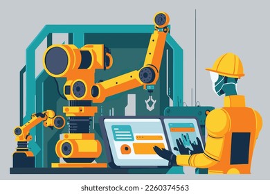  2D flat illustration,In intelligent on monitoring, an industrial engineer manager uses a tablet to control an automation robot arm.  Industry 4.0 is a concept.Trendy vector style ,Flat vector