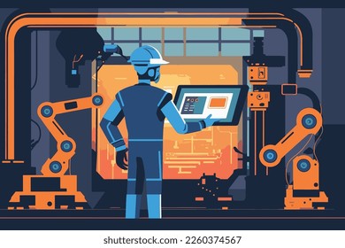  2D flat illustration,In intelligent on monitoring, an industrial engineer manager uses a tablet to control an automation robot arm.  Industry 4.0 is a concept.Trendy vector style ,Flat vector