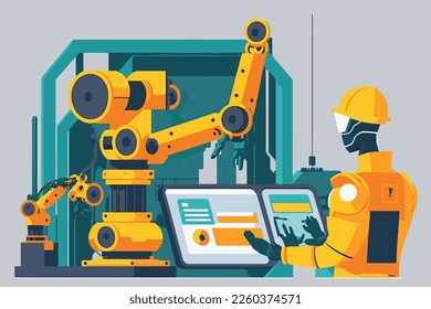  2D flat illustration,In intelligent on monitoring, an industrial engineer manager uses a tablet to control an automation robot arm.  Industry 4.0 is a concept.Trendy vector style ,Flat vector