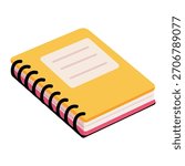 2D Flat Isometric Spiral Book Vector Illustration. Yellow notebook doodle, back to school, book icon, clipart