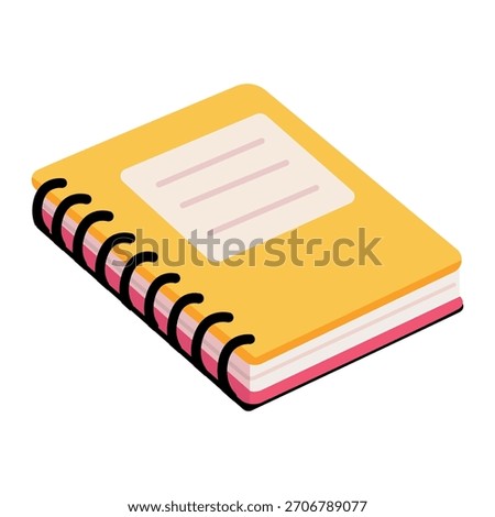2D Flat Isometric Spiral Book Vector Illustration. Yellow notebook doodle, back to school, book icon, clipart