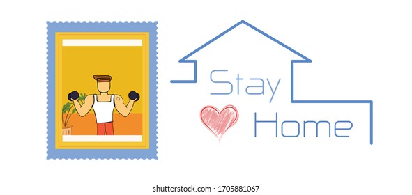 2D Flat a Man is exercise and copy space stay home background, Vector illustration cute cartoon is weight training on white background for decoration graphic design and artwork, covid-19 concept