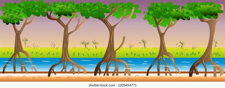 2D Flat Mangrove Forest Game Background Vector Illustration