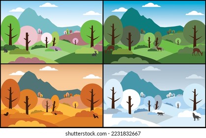 2D flat mountain landscape, four seasons