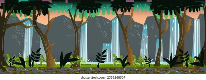 2D Flat Side Scrolling Waterfall Game Background and Vector Illustration