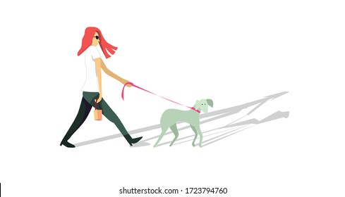 2D flat Vector design on white background, People leisure activity concept, woman is going to shopping with dog,  simple lifestyle character, creative illustration shopping and fashion background.