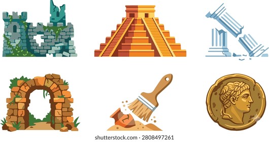 2D flat vector icon set of archaeology and ancient history. Includes ruined castle, Mayan pyramid, broken Greek column, stone archway, excavating brush with pot, and ancient coin.