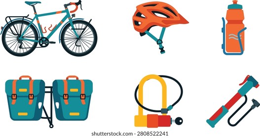 2D flat vector icon set of cycling and bikepacking essentials. Features a touring bicycle, safety helmet, water bottle, double pannier bags, secure U-lock, and a hand pump.