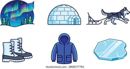 2D flat vector icon set of Arctic winter exploration. Includes northern lights, igloo, husky dog sled, snow boots, warm winter jacket, and a floating ice floe.