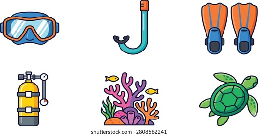 2D flat vector icon set of scuba diving and snorkeling equipment. Features a diving mask, snorkel, swim fins, oxygen tank, colorful coral reef, and a sea turtle. Ideal for underwater exploration.