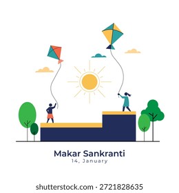  2d Ilustración vectorial plana de niños volando coloridas cometas durante Makar Sankranti, Makar Sankranti Póster para redes sociales