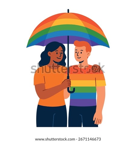 2d Flat Vector Illustration of diverse couple celebrating World Sexual Health Day, smiling woman holding rainbow umbrella, man wearing rainbow shirt, equality, awareness, lgbt pride, healthcare theme