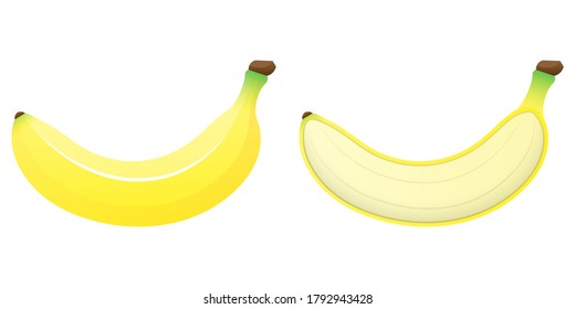 Vector De Dibujo De Frutas En 2D - Vista Delantera De Banana Fresca Y Vista Interior Sobre Fondo Blanco