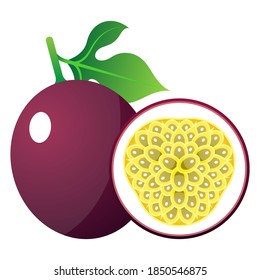 2D Fruit Cartoon Vector - Fresh Ripe Passion Fruit Front View And Inside Cut In Half Isolated On White Background