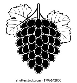 2D Fruit Vector - Black And White Bunch Of Grape Fruit Silhouette Isolated On White Background, Fruit Icon Illustration
