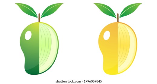 2D Fruit Vector - Fresh Green And Ripe Mango Fruit And Cut In Half Isolated On White Background