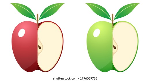Vector De Frutas 2D - Gala Roja Fresca Y Fruta De Manzana Verde De Granja Smith Y Cortada A La Mitad Aislada En Fondo Blanco