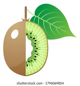 2D Fruit Vector - Fresh Ripe Kiwi Fruit And Cut In Half Isolated On White Background