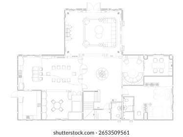 Plano de layout de mobília 2D do primeiro andar - entrada, sala de estar, área de jantar, quarto de hóspedes e salão no desenho vetorial