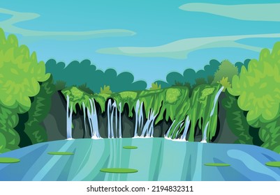 Fondo 2D de juego hermosas cascadas naturales en medio del bosque