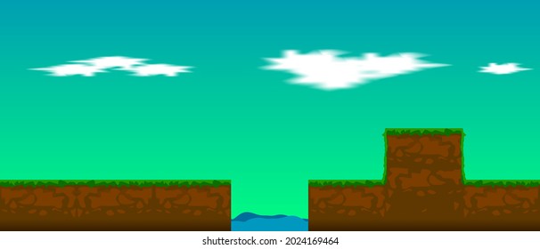 2d game background with ground, grass, sky, and clouds. suitable for game asset.vector