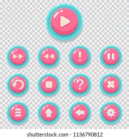 2D Game Button Vector Cartoon Icons Set. UI Kit Web Element For Mobile App Isolated On A Transparent Background.