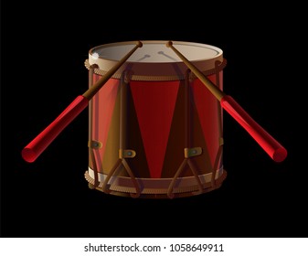 2D game design icon for medieval military topic decorative 3d big ancient old drum with drumsticks for drummer warrior, soldier. Modern vector style illustration. Music instrument.