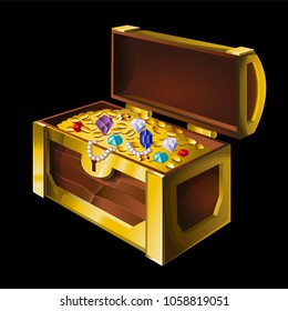 2d game design icon for pirates or medieval fantasy topic. 3d big ancient chest box with jewelry gold coins diamants precious brilliant stones treasure. Modern vector style illustration realistic draw