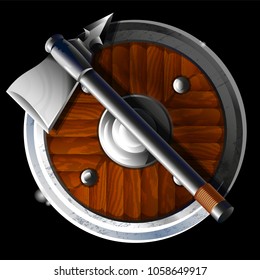 2d game design icon for viking or medieval military topic. Round big ancient armour shield with old metal sharp ax, weapon for strong warrior. Modern vector style illustration realistic draw.