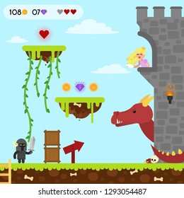 2d game. Knight, dragon, princess, rescue