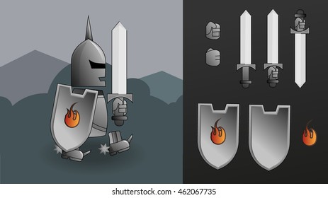2d game / platformer character , Swordsman / Warrior / Knight /  soldier / young man with sword, shield and armor, ready for animation, vector illustration, isolated, game ui