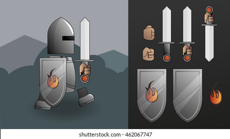 2d game / platformer character , Swordsman / Warrior / Knight /  soldier / young man with sword, shield and armor, ready for animation, vector illustration, isolated, game ui