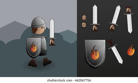 2d game / platformer character , Swordsman / Warrior / Knight /  soldier / young man with sword, shield and armor, ready for animation, vector illustration, isolated, game ui